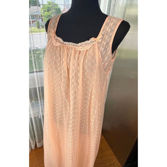 Vintage 60s night dress, peach double layers sleeveless nightgown - Picture 2 of 8
